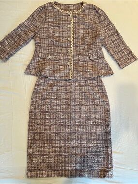 Allegra K Tweed Pencil Skirt Set in Brown and Cream